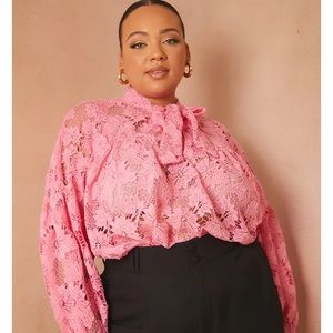 In the Style x Lorna Luxe pink pussybow blouse
